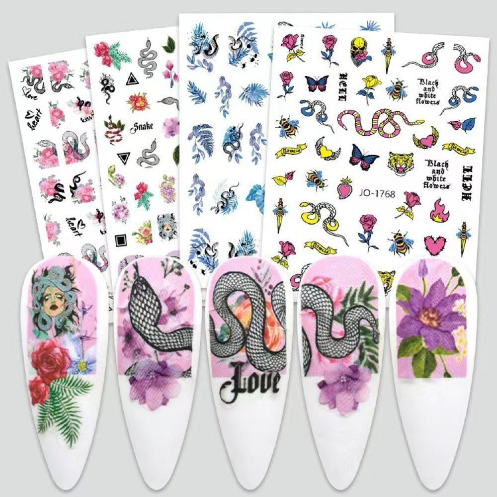 ROSE Sticker Dán Móng Nghệ Thuật Hình Bộ Xương Và Hoa