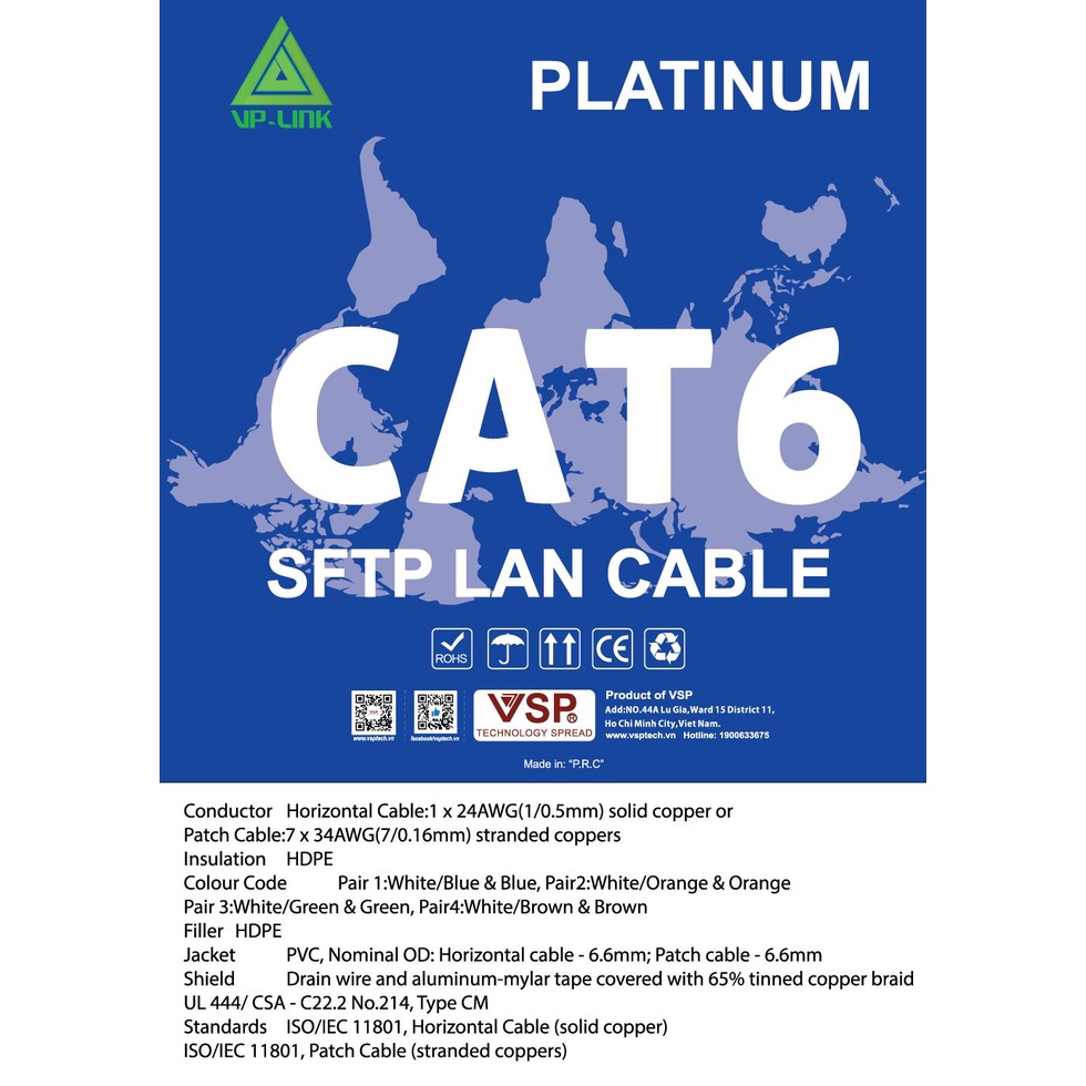 Dây Mạng VP-Link Cat6 SFTP bấm sẵn 2 đầu dài 40m 50m 60m - dùng được ngoài trời - cáp lan, dây lan, dây mạng