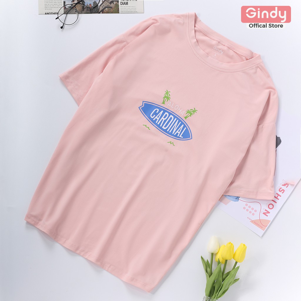 Áo phông in hình nữ GINDY Aloha cổ tròn unisex basic tay lỡ chất liệu cotton thoáng mát A6131