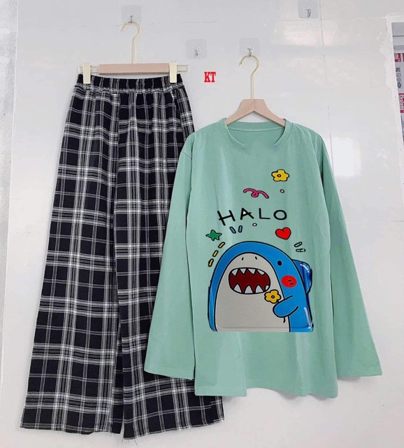 Sét áo cá HALO tay dài + quần kẻ KT12 , áo kiểu nữ, áo thun nam nữ, quần khaki, quần nữ, sét bộ mặc ở nhà MODY