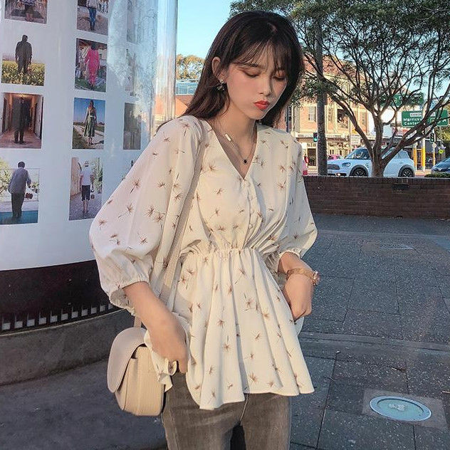 Áo Sơ Mi Chiffon Cổ Chữ V Eo Cao In Họa Tiết Hoa Phong Cách Phương Tây Cho Nữ