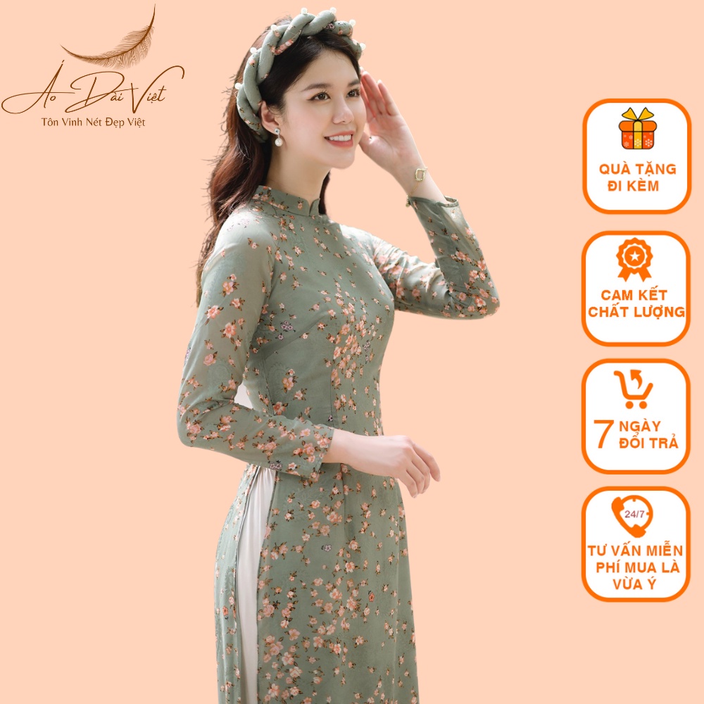 Áo Dài Hoa nhí voon tơ may 4 tà màu hồng + xanh đá nhẹ nhàng