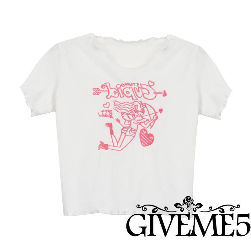 Áo Thun Lửng Ngắn Tay Thêu Họa Tiết Thời Trang Cho Nữ