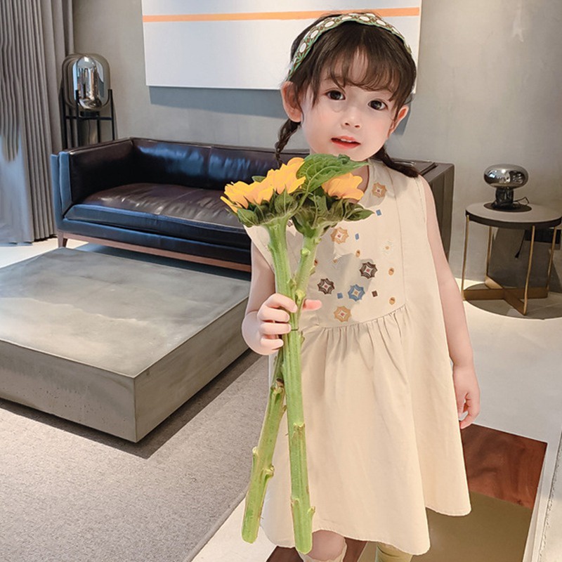 Đầm Chữ A Không Tay Thêu Họa Tiết Dễ Thương Thời Trang Đi Biển Mùa Hè Cho Bé Gái