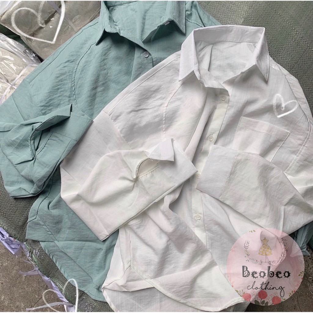 Áo sơ mi trắng xanh oversize có túi ulzzang