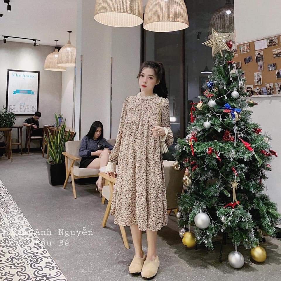 Váy bầu hoa nhí cổ ren có dây đai thời trang thiết kế MB151 Mom and baby