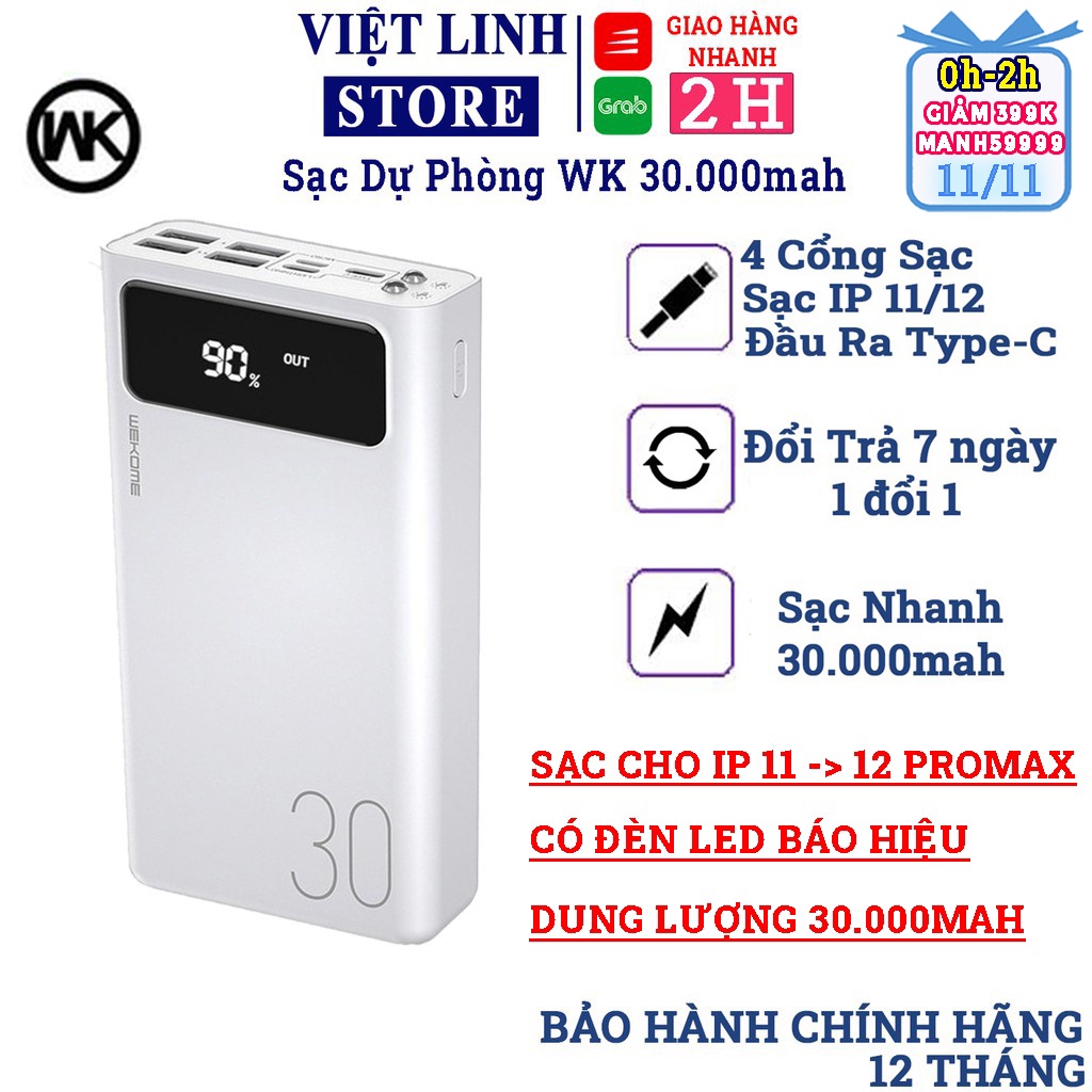 Sạc dự phòng 30000mah WK 175, đèn led hiển thị pin, 4 cổng USB đa năng, hàng chính hãng - BH 12 Tháng
