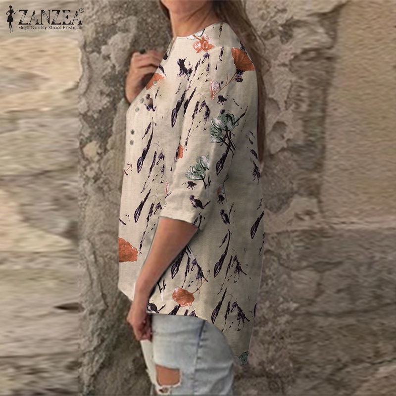 Zanzea Áo Sơ Mi Tay 3 / 4 Bằng Cotton In Họa Tiết Dành Cho Nữ