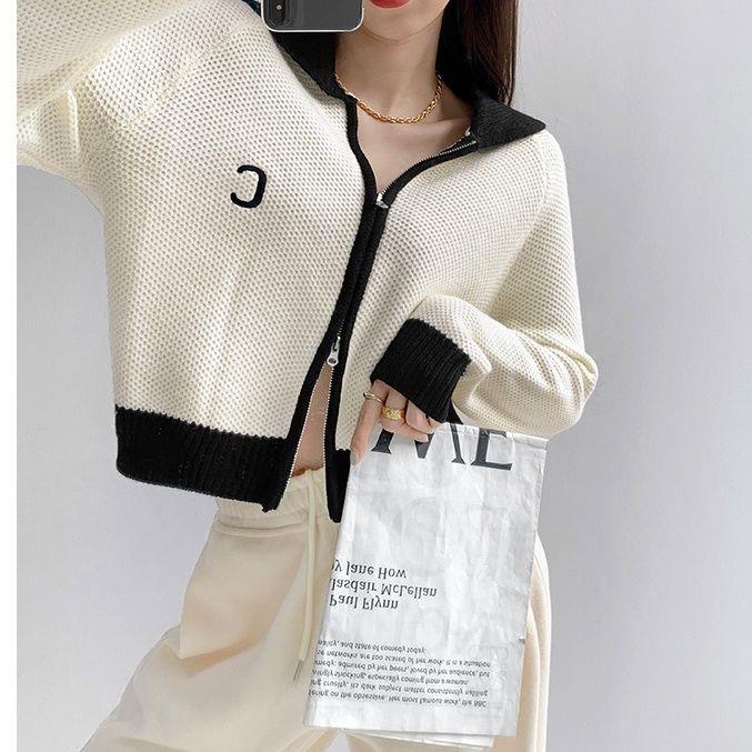 Áo Khoác Cardigan Dệt Kim Màu Sắc Tương Phản Phong Cách Retro Cho Nữ
