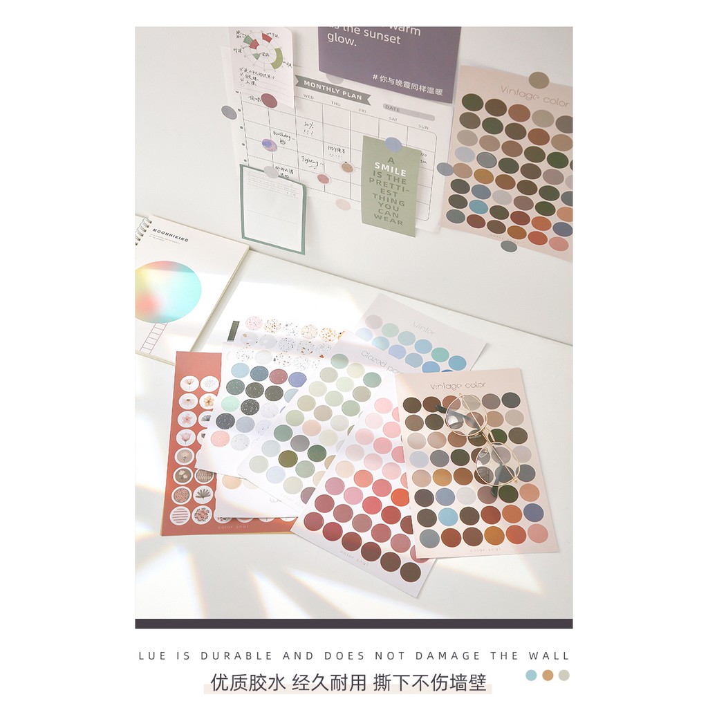 Sticker tròn nhiều màu 48 chiếc màu vintage trang trí sổ bullet journal