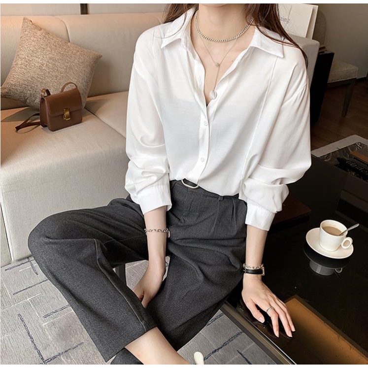 Áo Sơ Mi Tay Dài Dáng Rộng Màu Trơn Thiết Kế Đơn Giản Thời Trang Mới Cho Nữ
