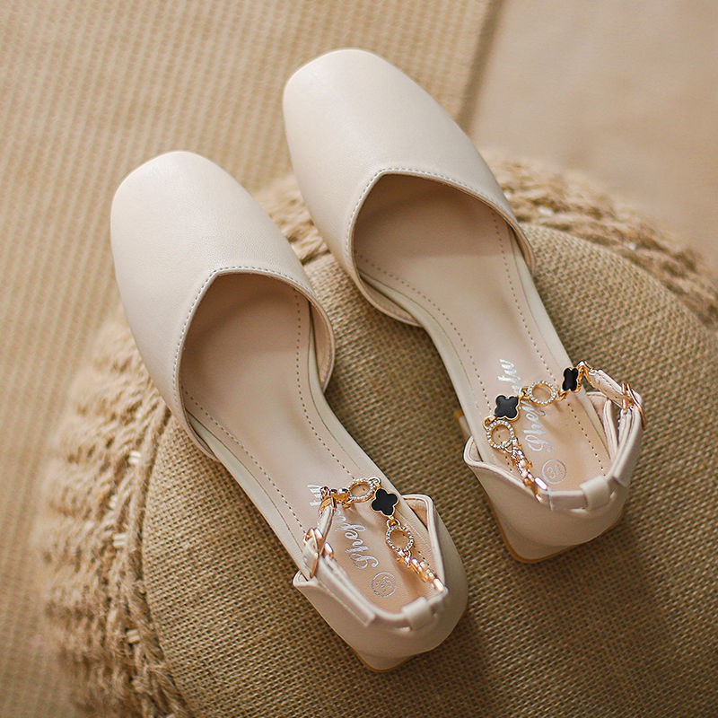 Xăng đan Gót Vừa Dày Dặn Mũi Vuông Đính Ngọc Trai Giả Thời Trang Mùa Hè Hàng Mới Dành Cho Bạn Nữ 2021