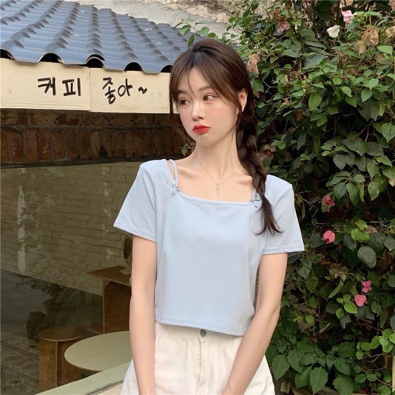 Áo Thun Ngắn Tay Cổ Vuông Đính Nơ Thời Trang Mùa Hè 2022 Phong Cách Hàn Quốc Cho Nữ