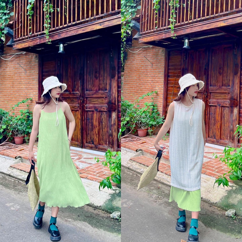 (HÀNG SẴN - HÌNH THẬT) Set váy maxi 2 dây + váy len cọc tay đan lưới xinh xắn phong cách Ulzzang Hàn Quốc