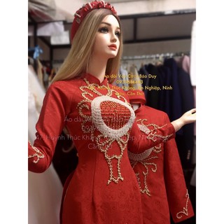 áo dài chữ hỷ- áo dài gấm cặp đỏ trắng