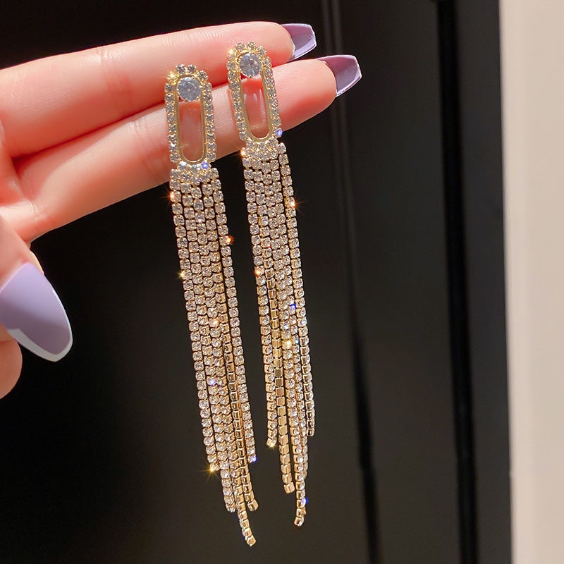 Bông tai bạc 925 đính đá kim cương phối tua rua co giãn thời trang mới cho nữ