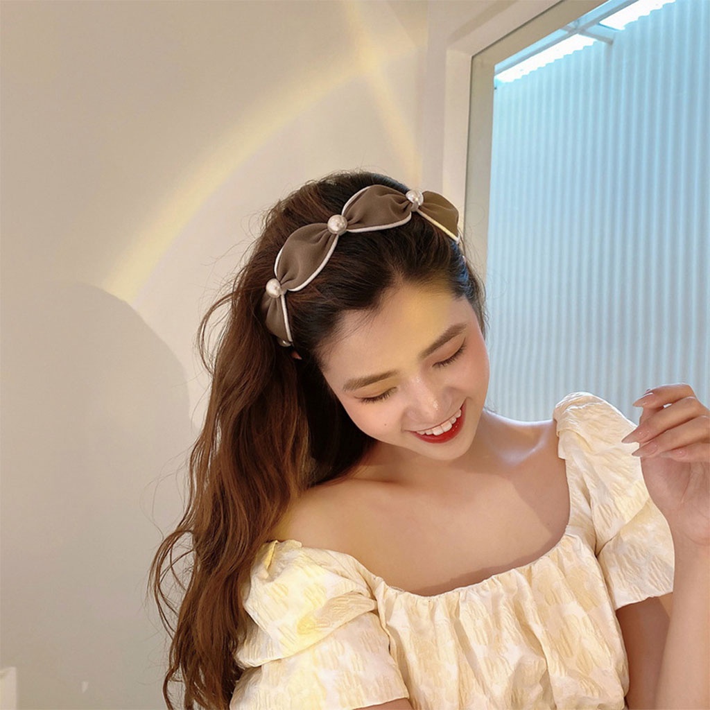 Băng Đô Nơ Cài Tóc Bản Rộng Đính Ngọc Trai Thời Trang