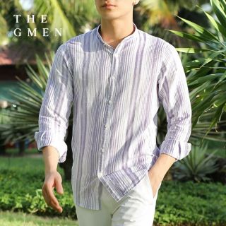 Áo sơ mi nam linen (đủi) cao cấp GMEN, cổ trụ (cổ tàu), hoạ tiết sọc dọc