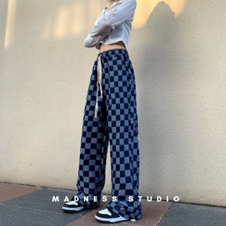 Ảnh thật - Q2135 Quần Kẻ Caro Ống Suông Unisex nam nữ - Kiểu quần ống rộng suông Madness Studio