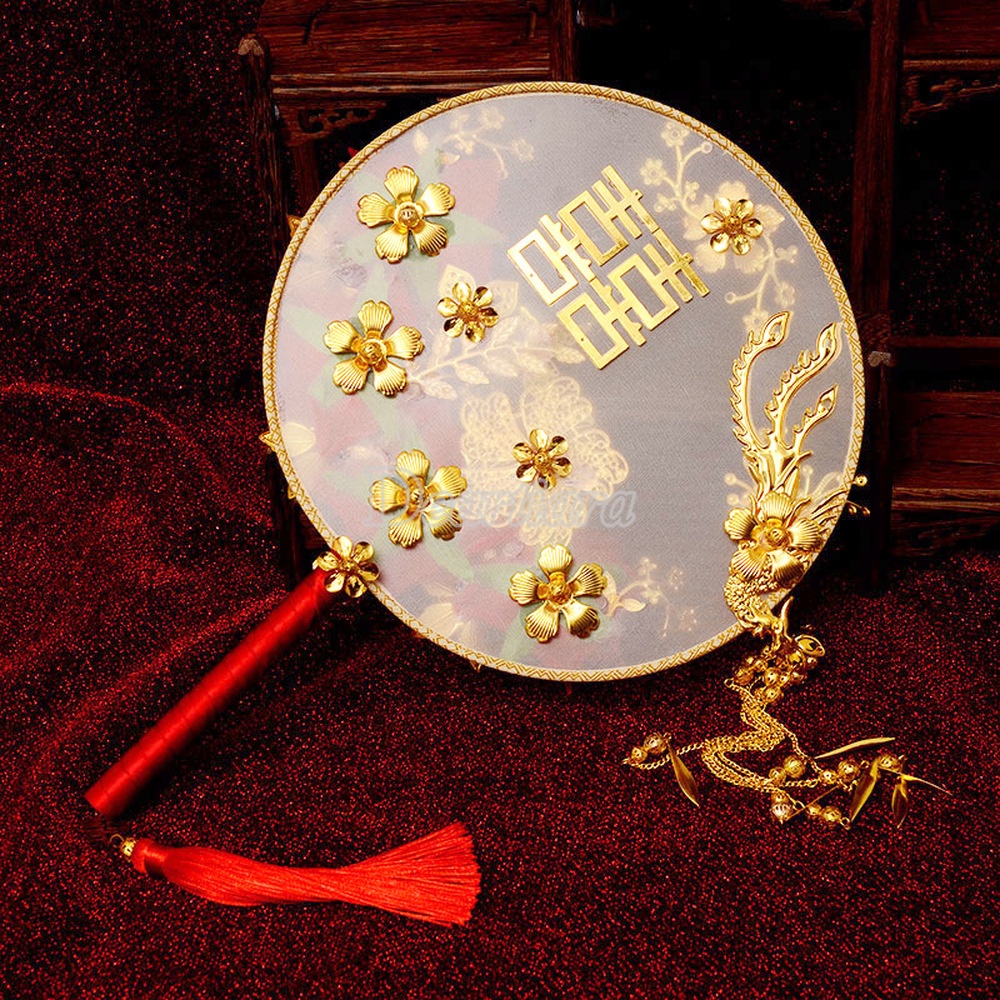 Quạt Cầm Tay Cô Dâu Màu Vàng Đỏ Phong Cách Vintage