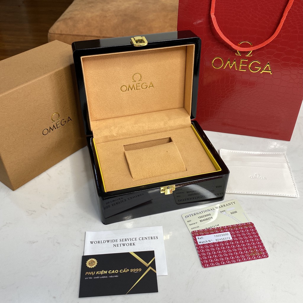 Hộp đồng hồ Omega đi kèm tag sổ thẻ, hộp đựng đồng hồ quà tặng cao cấp trangmoonshop