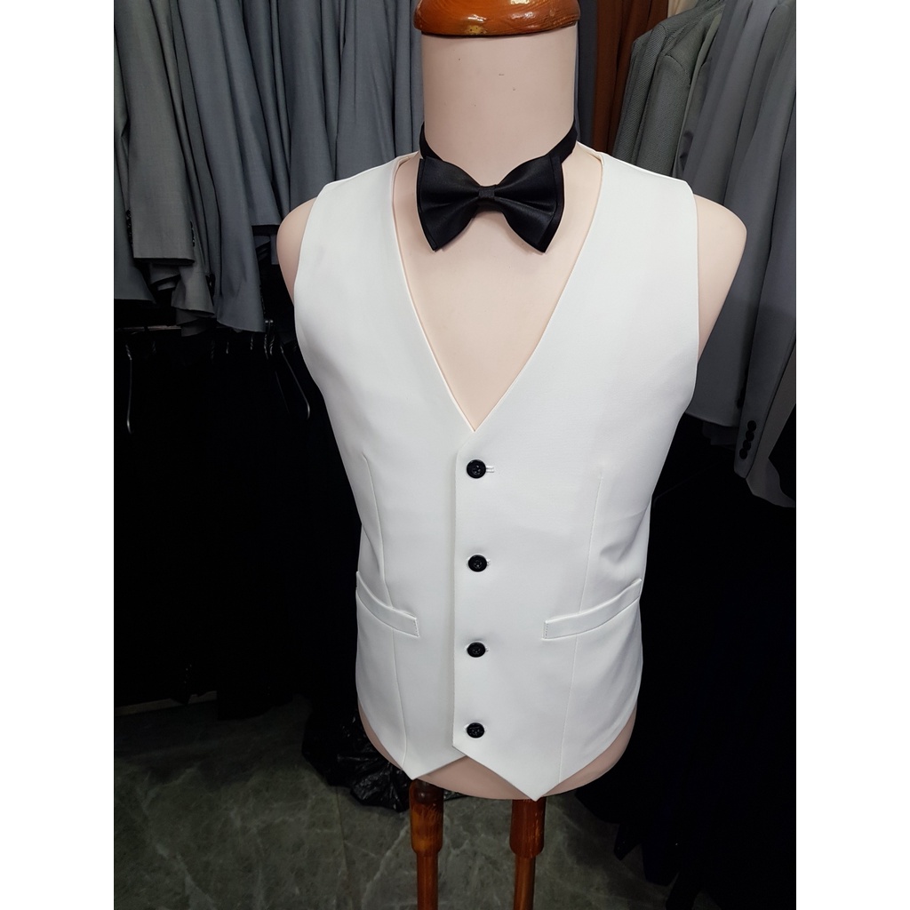 Áo gile nam form ôm body màu trắng tặng nơ đen