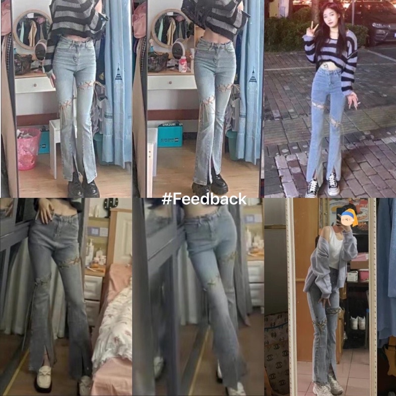 Quần jeans ống loe xẻ tà lưng cao phối dây thắt phong cách retro