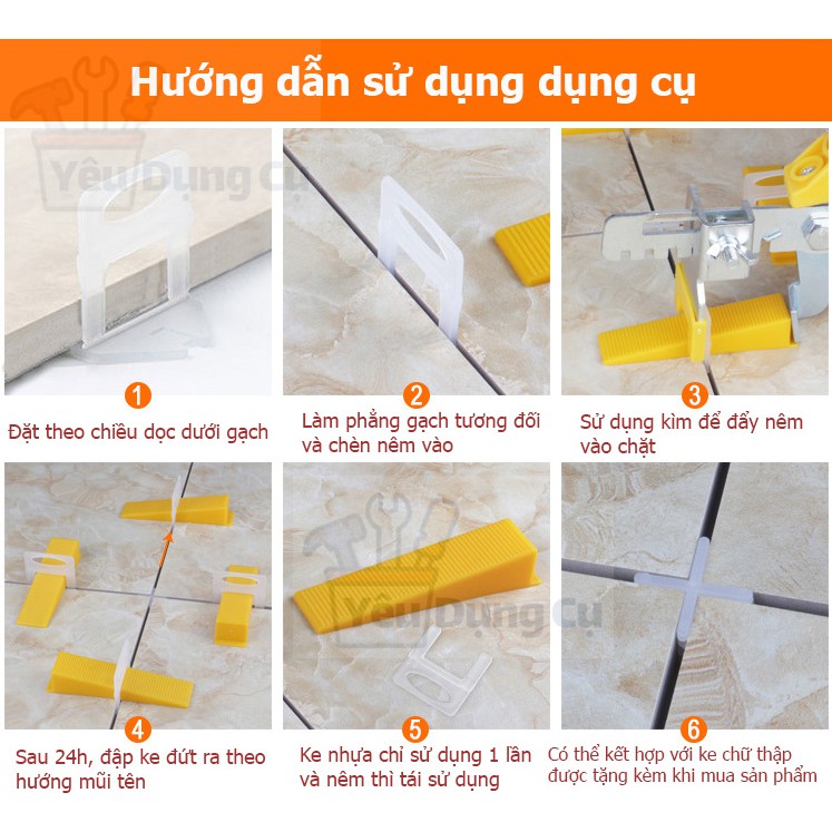 Combo bộ dụng cụ ke ốp lát gạch men: Kìm siết + 100 nêm + 300 ke móc. Ke cân bằng gạch