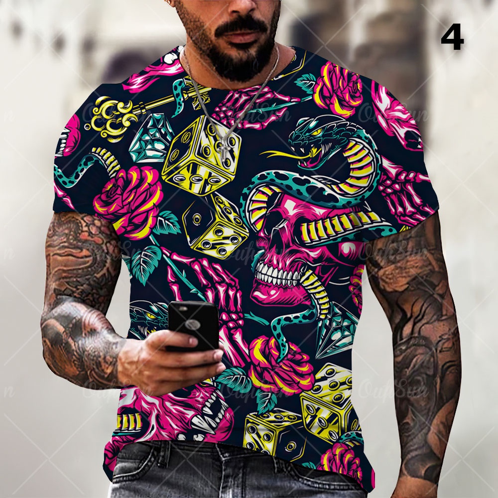 Áo nam Tay Ngắn Cổ Tròn In Hình Đầu Lâu 3D Thời Trang