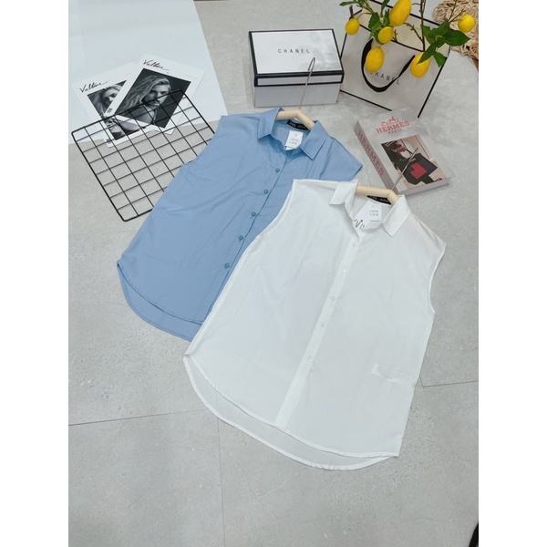 ANU344 - ÁO SƠ MI NỮ SÁT NÁCH XANH TRẮNG ZR