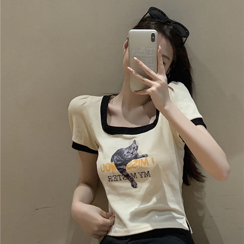 Áo thun COZOK ngắn tay cổ vuông in hình mèo phong cách cổ điển dễ phối đồ