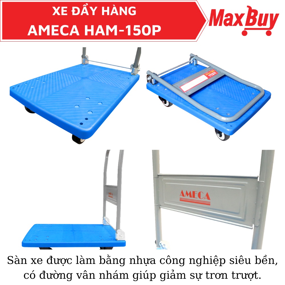 Xe đẩy hàng kéo hàng 4 bánh nhựa giảm ồn tốt sàn nhựa gấp gọn AMECA tải trọng 150kg giao hỏa tốc HN