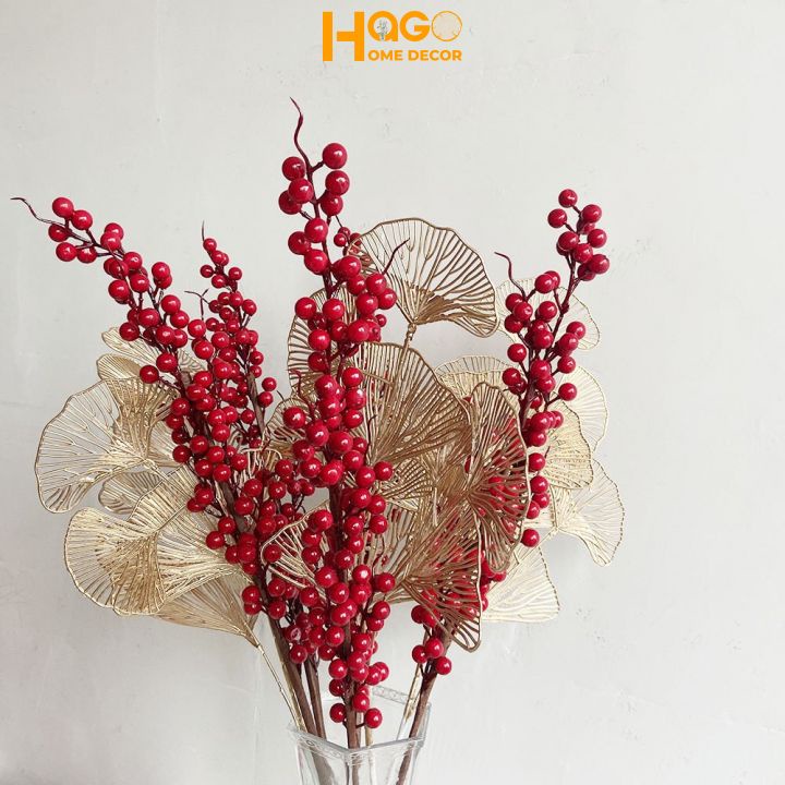 Quả giả, cành quả đào đông,cherry đỏ dài 100cm may mắn, tài lộc trang trí nhà cửa