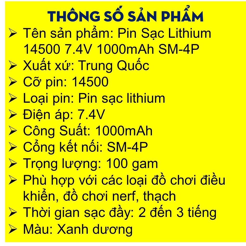 Pin Sạc Lithium-ion  14500 7.4V 1000mAh và 800mAh Cổng SM-4P - Shop Ngọc Ánh