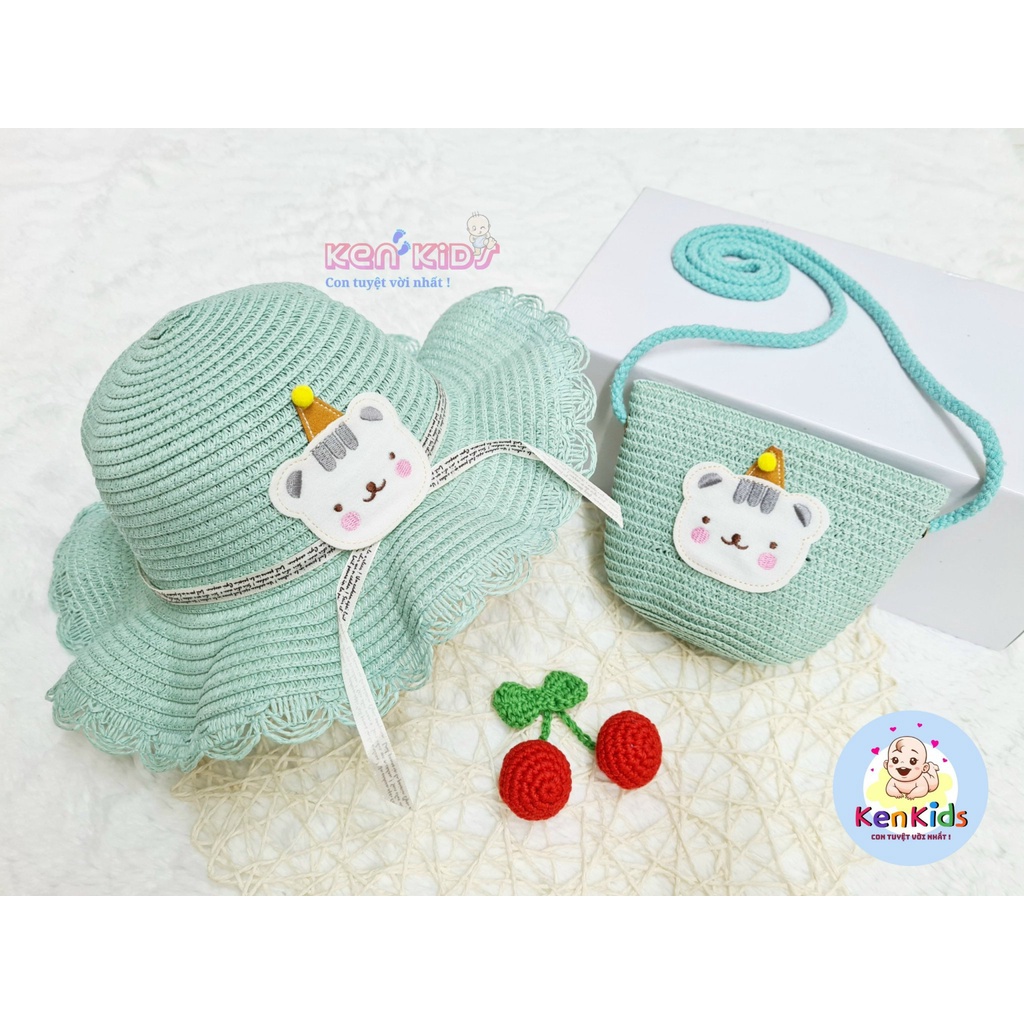 Set Nón mũ cói kèm túi xách hình động vật đáng yêu cho bé gái (2-6t)