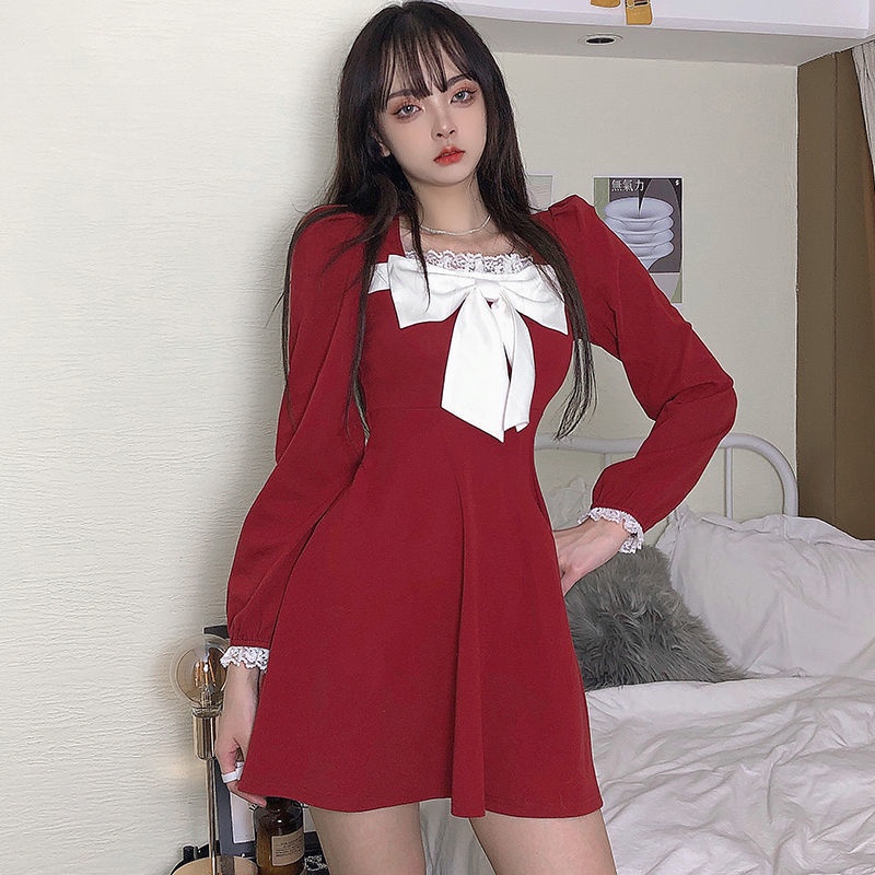 Đầm Dáng Chữ A Lưng Cao Dáng Ôm Phối Ren Đính Nơ Phong Cách Preppy Ngọt Ngào Cho Nữ