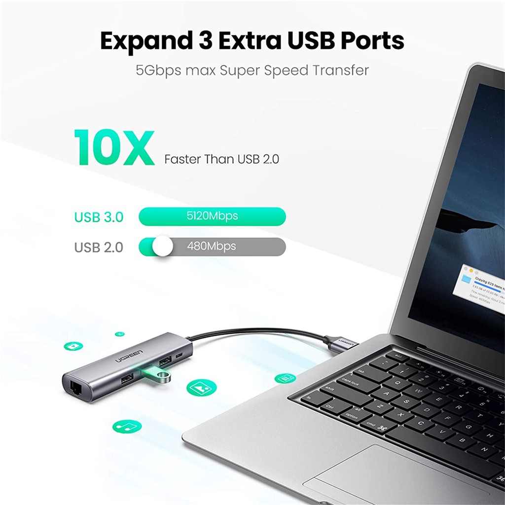 Bộ chuyển USB 3.0 sang LAN 1Gbps + Hub USB 3.0 3 cổng chính hãng UGREEN 60812 cao cấp