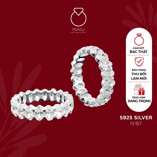 Nhẫn nữ bạc Ý S925 MiASJ N187 đính đá hình trám sang trọng, cao cấp