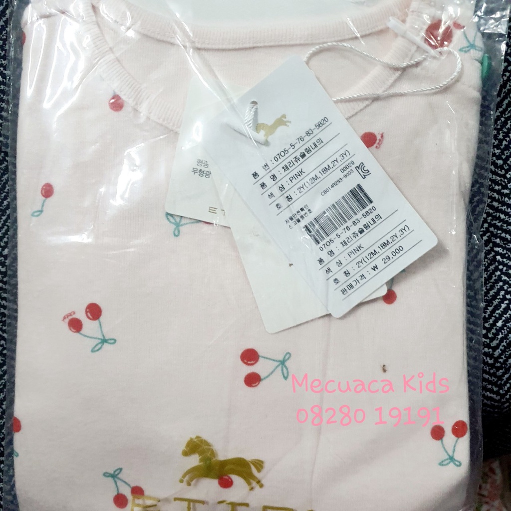 [2y] Bộ ngủ cotton dài tay thu đông hồng nhạt cherry cúc vai ettoi cho bé gái xuất Hàn dư xịn