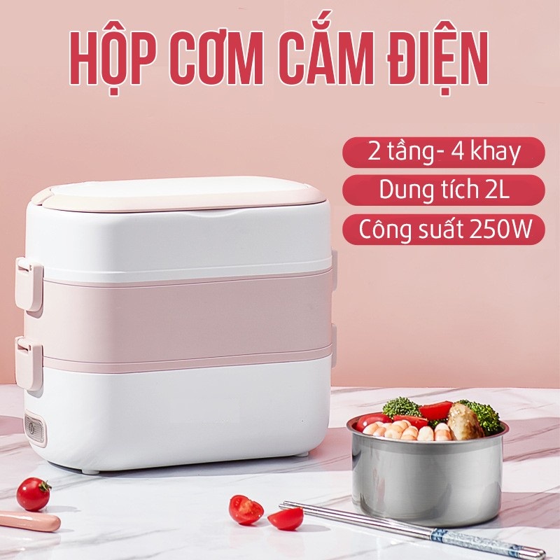 Hộp cơm cắm điện văn phòng 2 tầng 4 ngăn ruột inox có chức năng giữ nhiệt, hâm nóng và hấp thức ăn đa năng