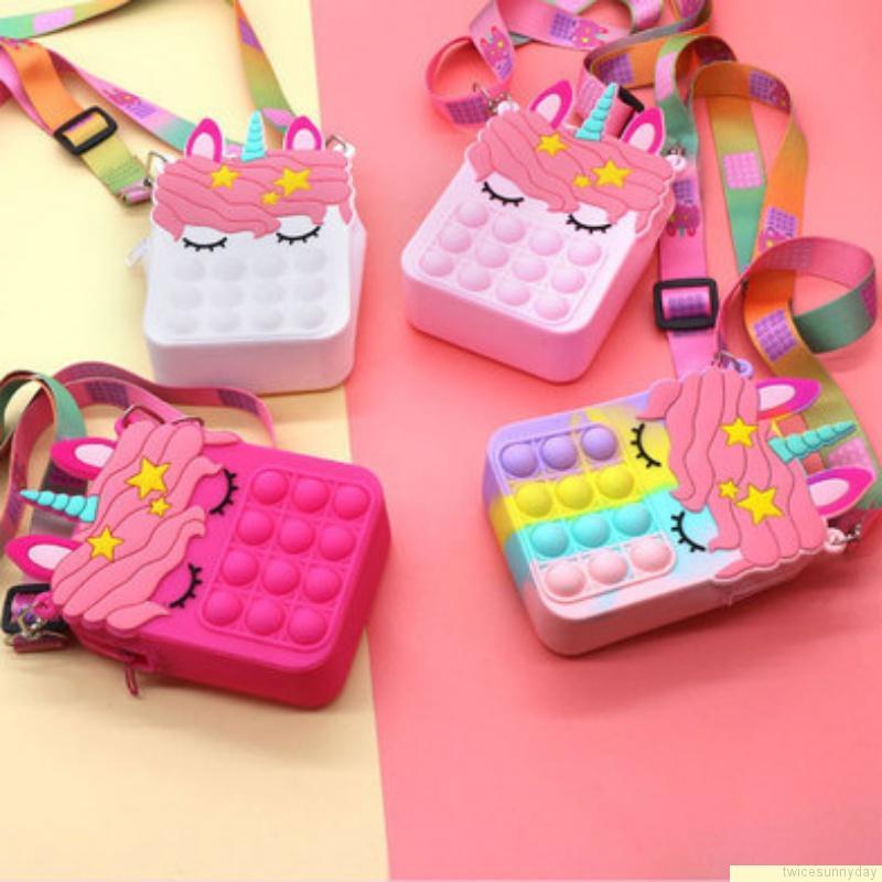 Túi đeo vai hình kỳ lân dễ thương bằng silicon kiểu đồ chơi nhấn bong bóng giảm căng thẳng