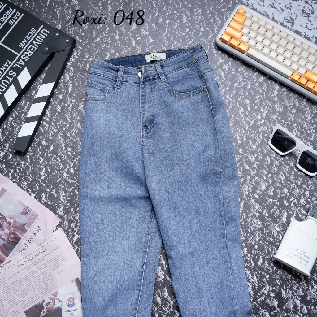 Quần Jean Co Giãn Lưng Cao Tôn Dáng Lai Cuốn Trơn Xắn Gấu Basic