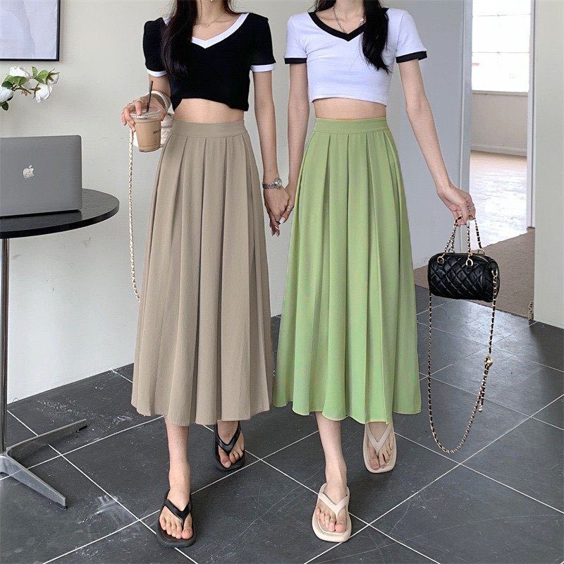 Chân váy dài xếp ly phong cách ulzzang hàn quốc , Váy chất liệu kaki dài + lớp lót trong , Ms 12
