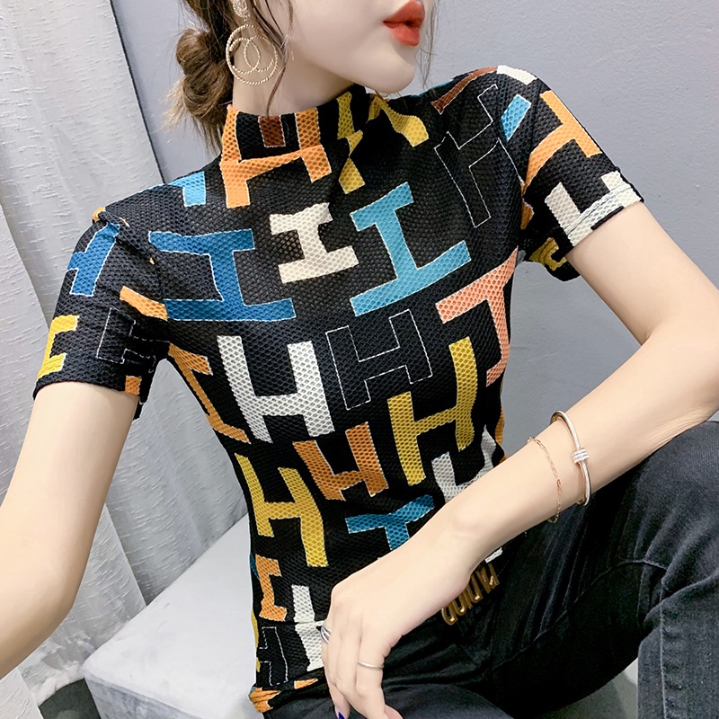 Áo thun tay ngắn nữ Cổ Cao In Chữ Thời Trang