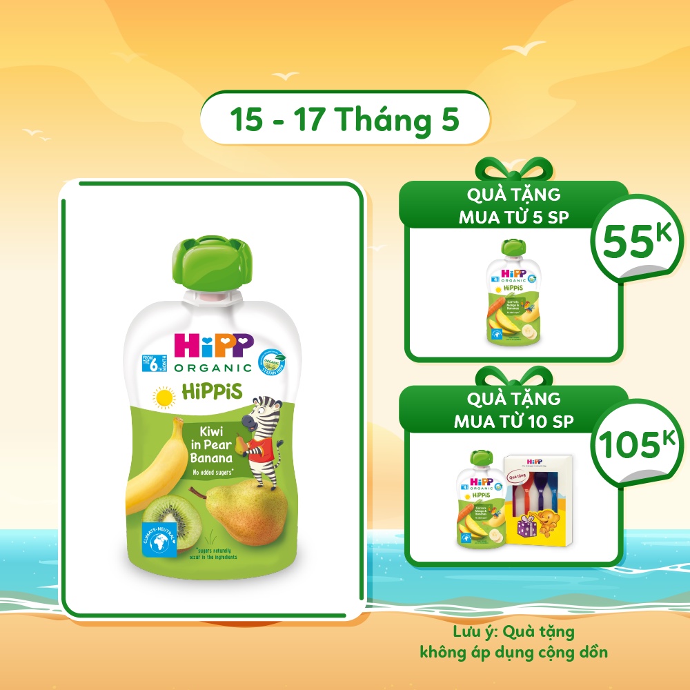 Dinh dưỡng 100% Trái cây nghiền Organic HiPPiS Kiwi, Lê, Chuối 100g