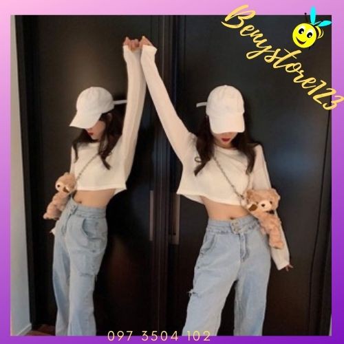 Áo Croptop Dài Tay Cổ Tròn💖𝑭𝑹𝑬𝑬𝑺𝑯𝑰𝑷💖Áo Croptop Rộng Trơn Thun Co Giãn 4 Chiều 2 Màu Thoáng Mát