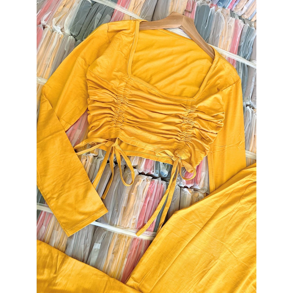 Đồ bộ nữ, set đồ bộ quần ống rộng và áo croptop ôm tay dài rút dây vải thun cotton lụa dẻo siêu mát mềm mịn dày dặn