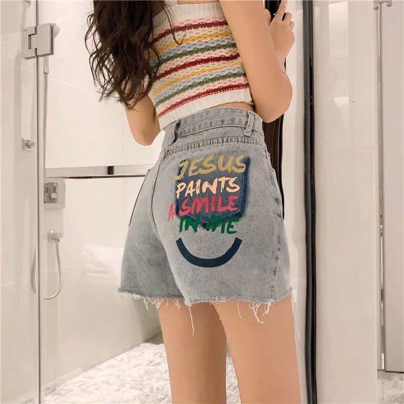 Quần Short Jean Nữ, Quần Bò Nữ Lưng Cao Túi Mix Chữ Phong Cách Ulzzang Chất Vãi Dày Dặn