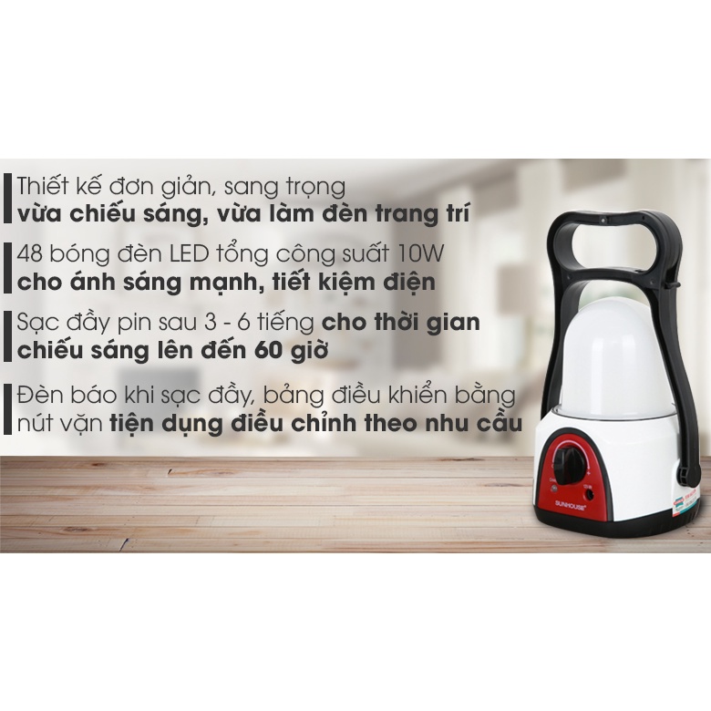 Đèn sạc tích điện siêu sáng Sunhouse SHE - 6848 LA COB 10W, đèn dự phòng đa năng  - Chính hãng