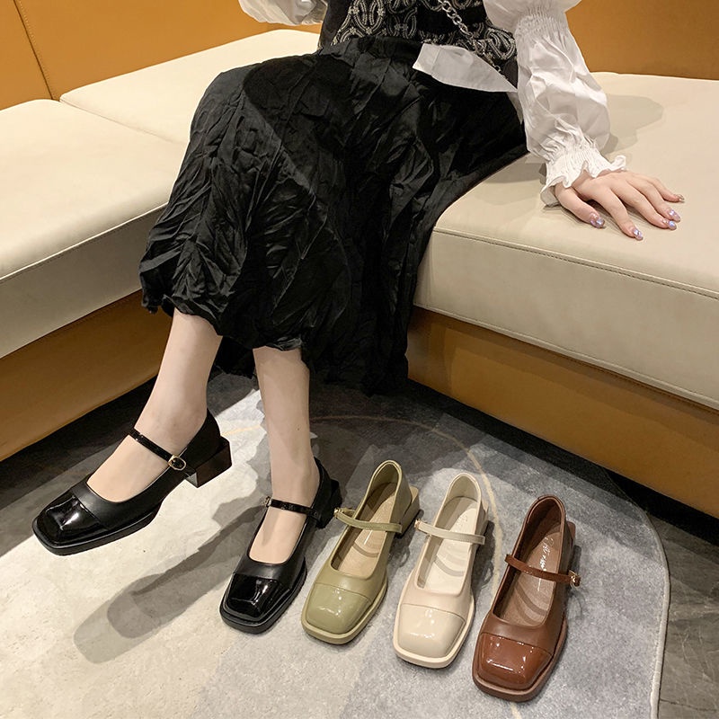 Giày Búp Bê Gót Dày Mũi Vuông Phong Cách Mary Jane Cổ Điển Có Khóa Cài Một Hàng Nút Thời Trang Kiểu Mới Cho Nữ